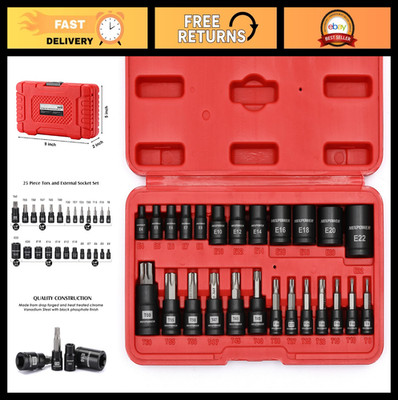25-Piece Torx Bit & Socket Set - 13 Star Bits (T8-T60) & 12 E-Torx Sockets (E4-E
