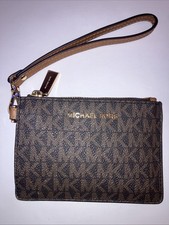 MICHAEL KORS Wristlet Wallet Credit Card/Change Brown Leather Zip Top 3.5x5in