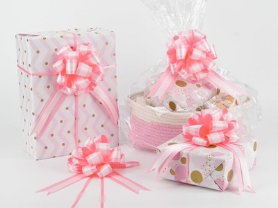 Pink Pull Bows 12 PCS Baby Pink and White Double Layer Satin Pull Bows 6'' x 10''