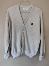 Vintage 80s IZOD Cardigan Sweater Men's Medium Waffle Oatmeal USA Made Grandpa