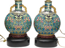 PAIR 19c CHRISTOPHER DRESSER ARCHAISTIC KUI DRAGON ENAMEL VASE CONVERTED LAMP 