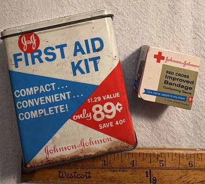Vintage Metal Tin J&J First Aid Kit Circa 1960 Before Everything is Plastic !!
