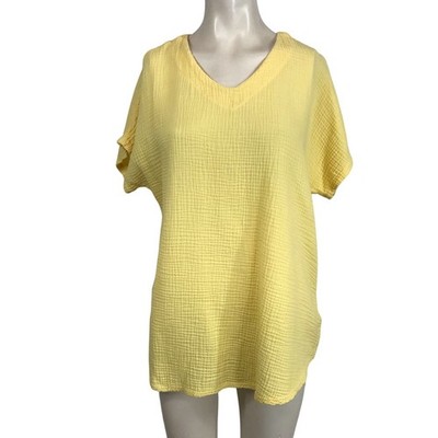 JESS & JANE - WOMEN'S SMALL - YELLOW SHORT SLEEVE V NECK COTTON GAUZE TOP