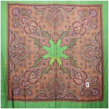 Authentic Yves Saint Laurent Silk Large Scarf Green x Brown Paisley Pattern