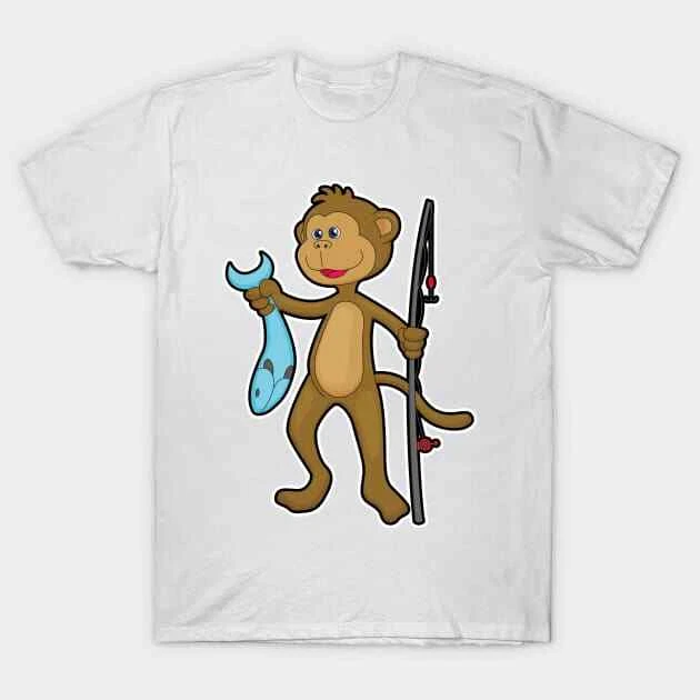 Monkey at Fishing with Fishing rod & Fish Made in Australia T-Shirt