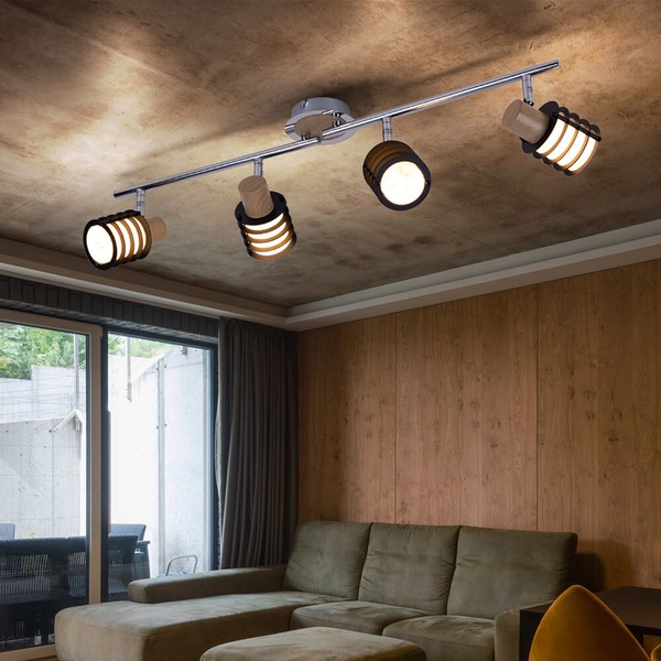 Spotlampe Deckenleuchte Spotleiste Retro Spot Schwenkbar E14 4 Flammig Holz Glas-image