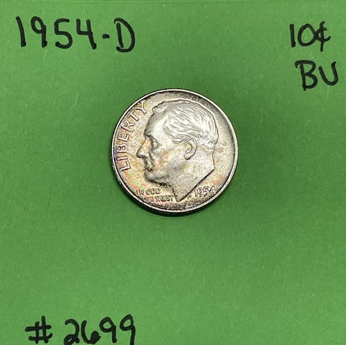 1954 D Roosevelt Dime 10c BU Uncirculated Mint State 90% Silver Nice Tone