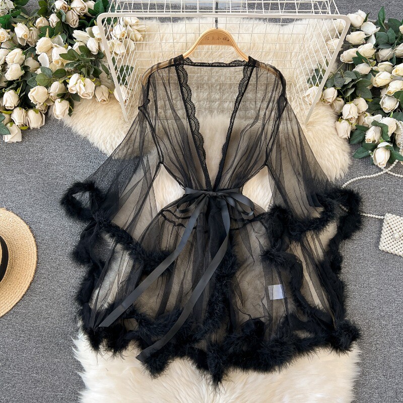 Lady Mesh Lace Faux Fur Trim Nightgown Sexy Pajamas Robe Belted Sleepwear Sheer | eBay Lady Mesh Lace Faux Fur Trim Nightgown Sexy Pajamas Robe Belted Sleepwear Sheer | eBay