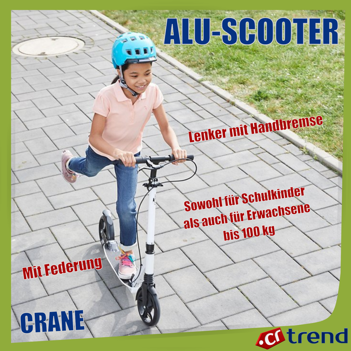Scooter Adulte/enfant Crane - Cadre Alu, Suspension, Roues 200mm, Pliable, Blanc, 100 Kg Max