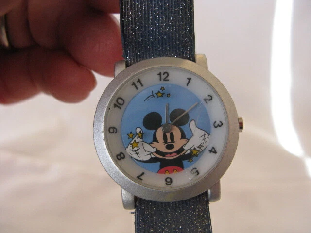 Disney Mickey Mouse Watch Sparkly Blue Band Mickey Pulling A Grin New Battery