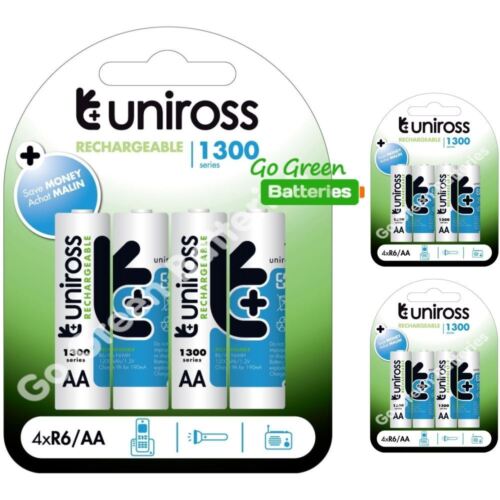 12 x Uniross AA 1300 mAh Rechargeable Batteries NiMH - HR6, LR6, DC1500, MN1500 - Picture 1 of 2