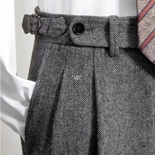 Retro Men's Tweed Herringbone Pants Woolen Casual Business Trousers Slim Fit UK - Picture 19 of 23