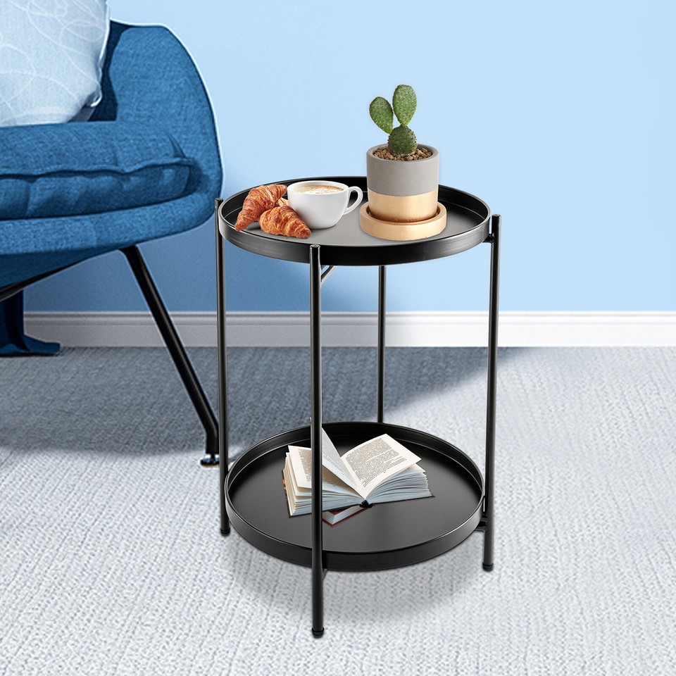 Black Small?Folding?Accent?Table Outdoor Side Table 2Tier Removable