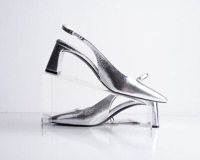 Zara Womens Slingbacks Square Toe Heels Silver US 9 EU 40