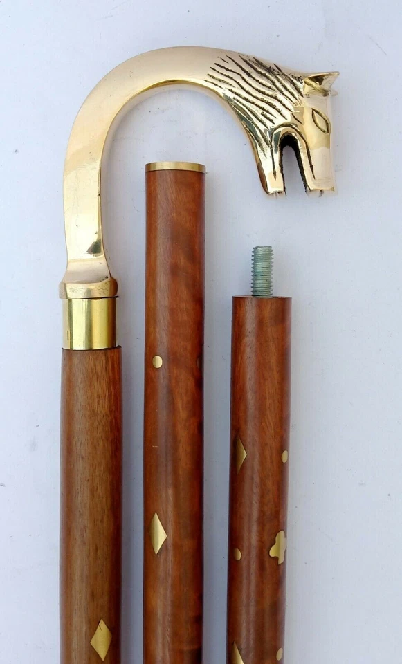 Bastón de madera victoriano con mango de cabeza antiguo de lobo de colección presente Foto 2 de 4