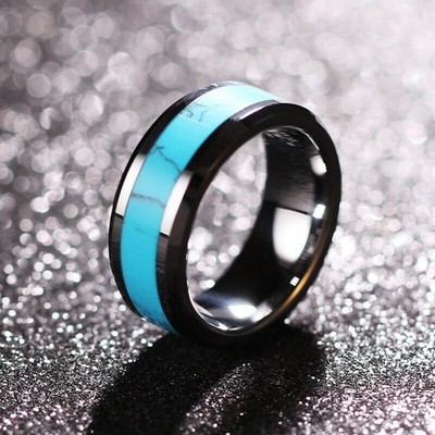 8MM natürlicher Türkis Titan Stahl Silber Band Herren Verlobungsring Größe 8-12