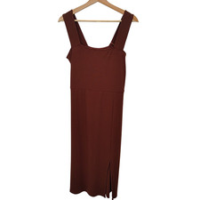 Quince Women Tencel Rib Knit Sleeveless Square Neck Midi Dress Brown L