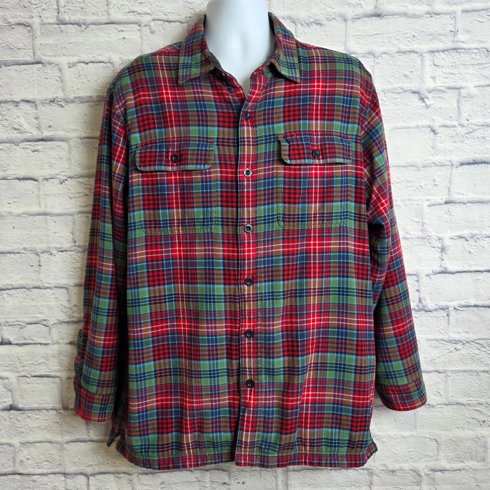 Camisa xadrez L.L.Bean masculina grande forrada de lã flanela verde vermelha - Imagem 2 de 4