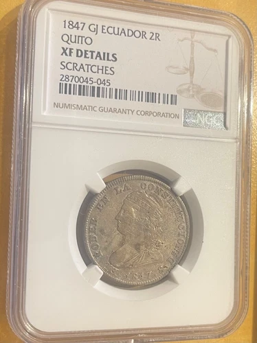 ECUADOR 2 REALES 1847 GJ QUITO NGC XF DETAILS KM 33