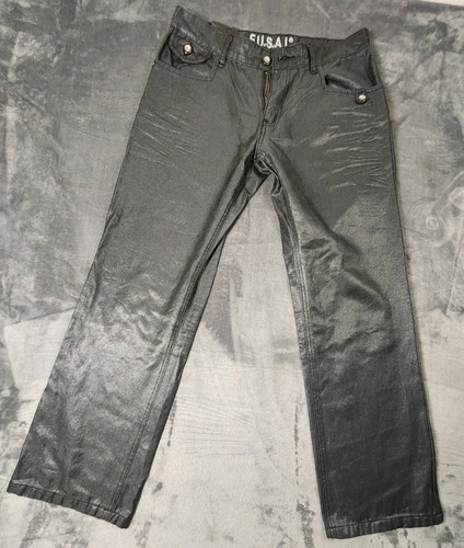 FUSAI Jeans Mens 32W 32L Black Shiny Y2K Denim - Picture 2 of 12
