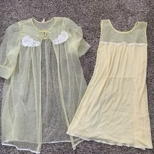 Vintage Two Piece Sheer Nightie Gown With shawl Pale Yellow Lace Trim M