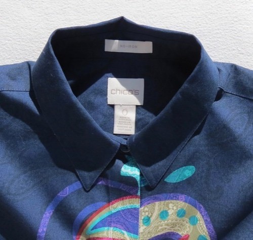 CHICO’S Navy Blue Paisley Print No Iron Cotton ¾ Sleeves Blouse Shirt Top sz 6 8 - Bild 5 von 5