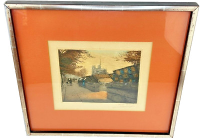 Victor Valery Tournelle Walk Facing Notre Dame Etching Signed Framed 17.5''x15.5''