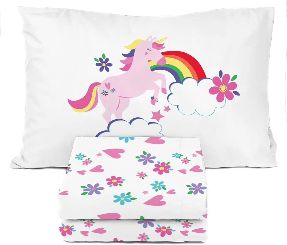 Причудливый набор простыней для малышей с единорогом и цветочным рисунком - комфортная машинная стирка - Изображение 3 из 4