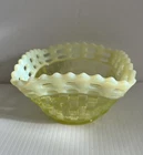 Fenton Basket Weave Yellow Vaseline Uranium Opalescent Square Glass Bowl Vase