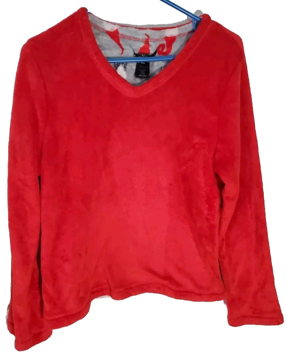 Noire Jasmine Rose Pajamas Top Fleece Red Gnome Print Inside Womens Med Soft