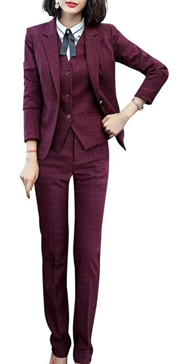 Commuter Formal Suit Women's 3 Piece Workwear Burgundy Blazer Pants Set  Double Breasted Vest Lady suits - AliExpress