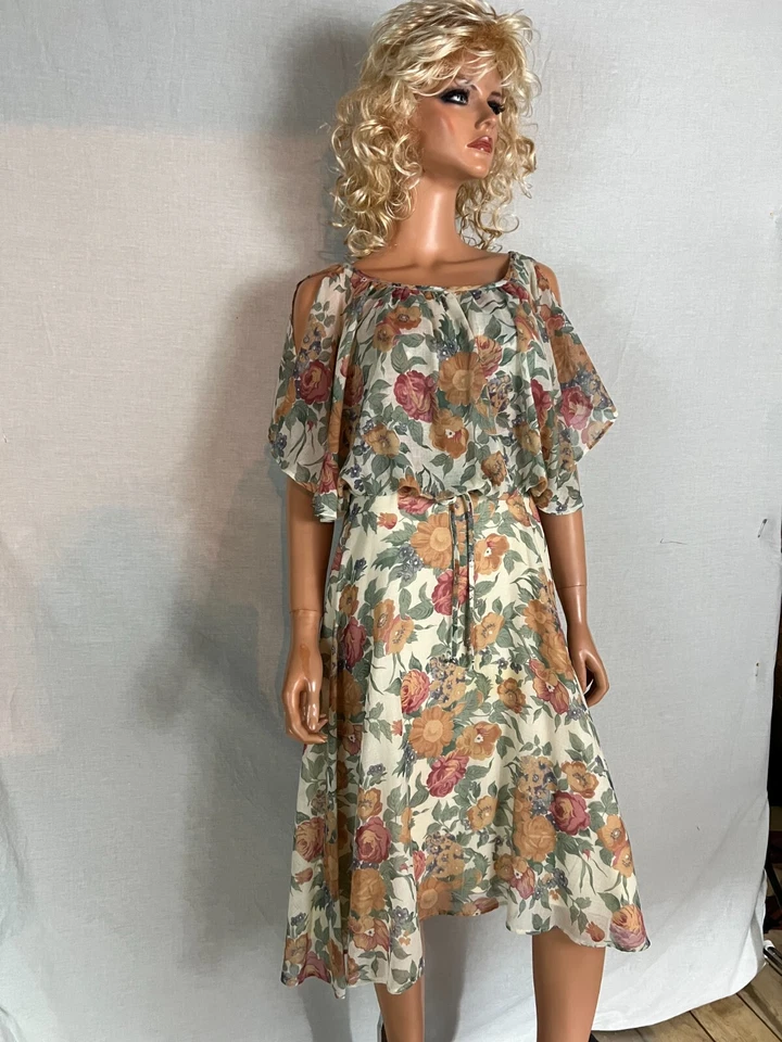 Vestido Columpio Vintage Años 70 Hecho a Mano Asimétrico Crema Floral Manga Campana Abierta Forrado S Foto 4 de 4