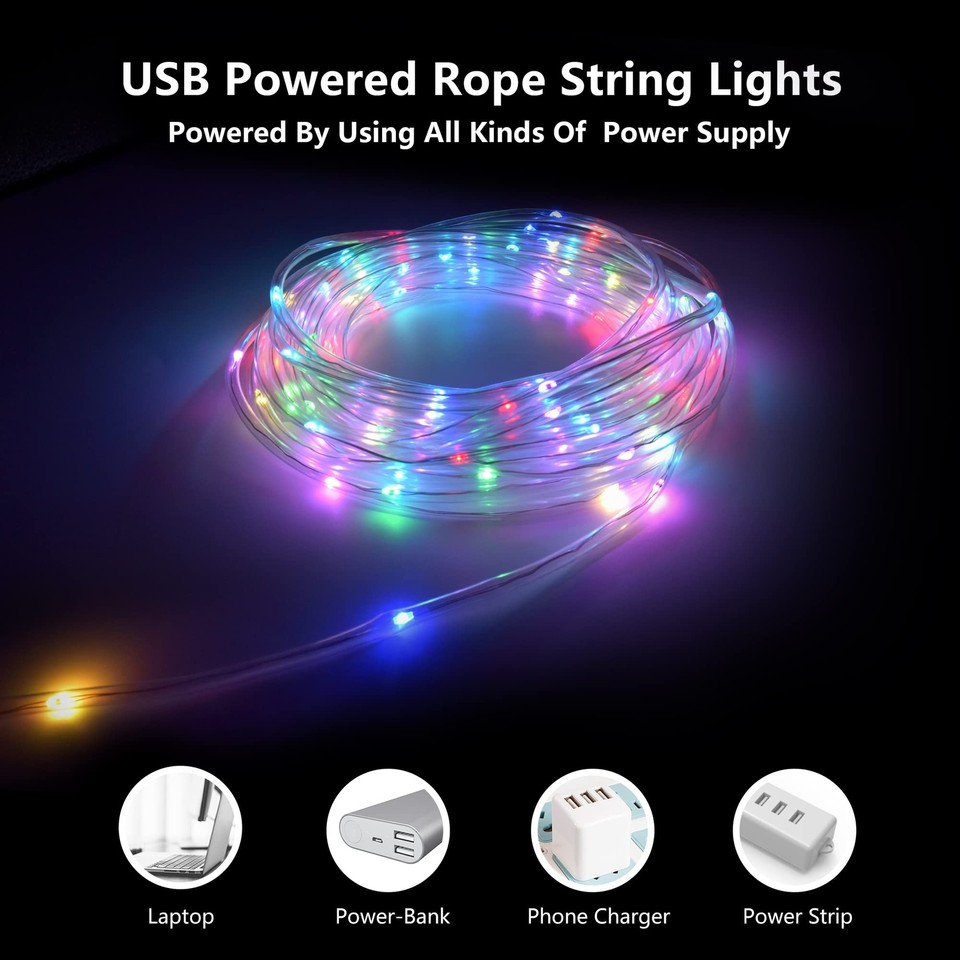 Usb Rope Lights LED Rope Lights with USB Powered, 2 Pack X 33Ft 100 LED String Lights ...