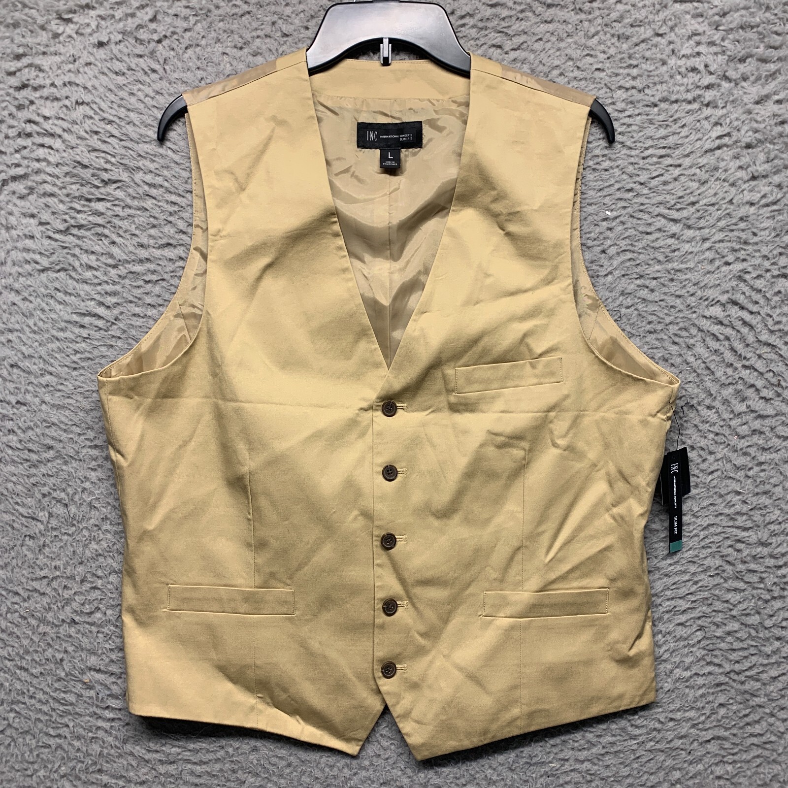 INC Vest Mens Large L Slim Fit Travertine Tan 5 Button Suit 