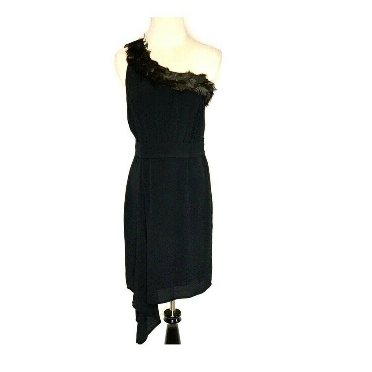 Black Halo Feather One Shoulder Party Cocktail Lined Black Dress Size 4