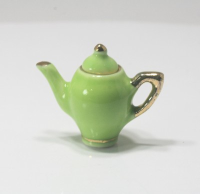 Dollhouse Miniature Apple Green Tea Pot Trimmed in Gold