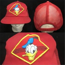 Vtg Donald Duck Patch On Red Mesh Trucker Hat Snapback Logo Cap Walt Disney Prod
