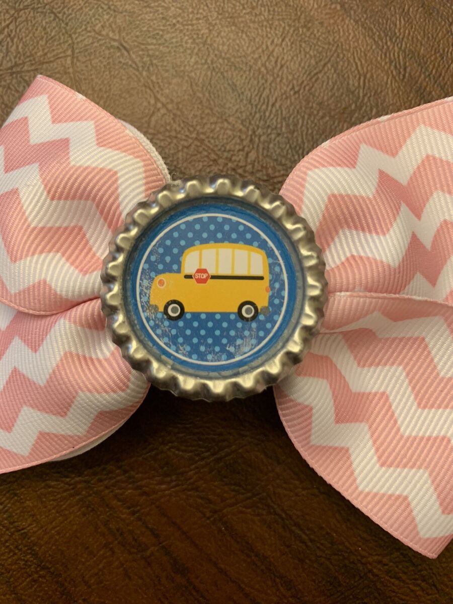 School Bus Back To School Bottle Cap 4.5-Inch Girls Pink Chevron Hair Bow