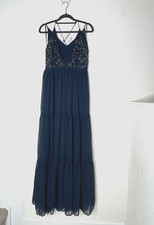 RANNA GILL Lucinda Maxi Beaded Dress Sz 4 Blue Tiered Lined Halter Boho Formal