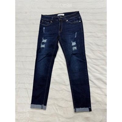 KanCan Jeans Womens Dark Wash Distressed Cuffed Skinny Leg Denim Size 9/28