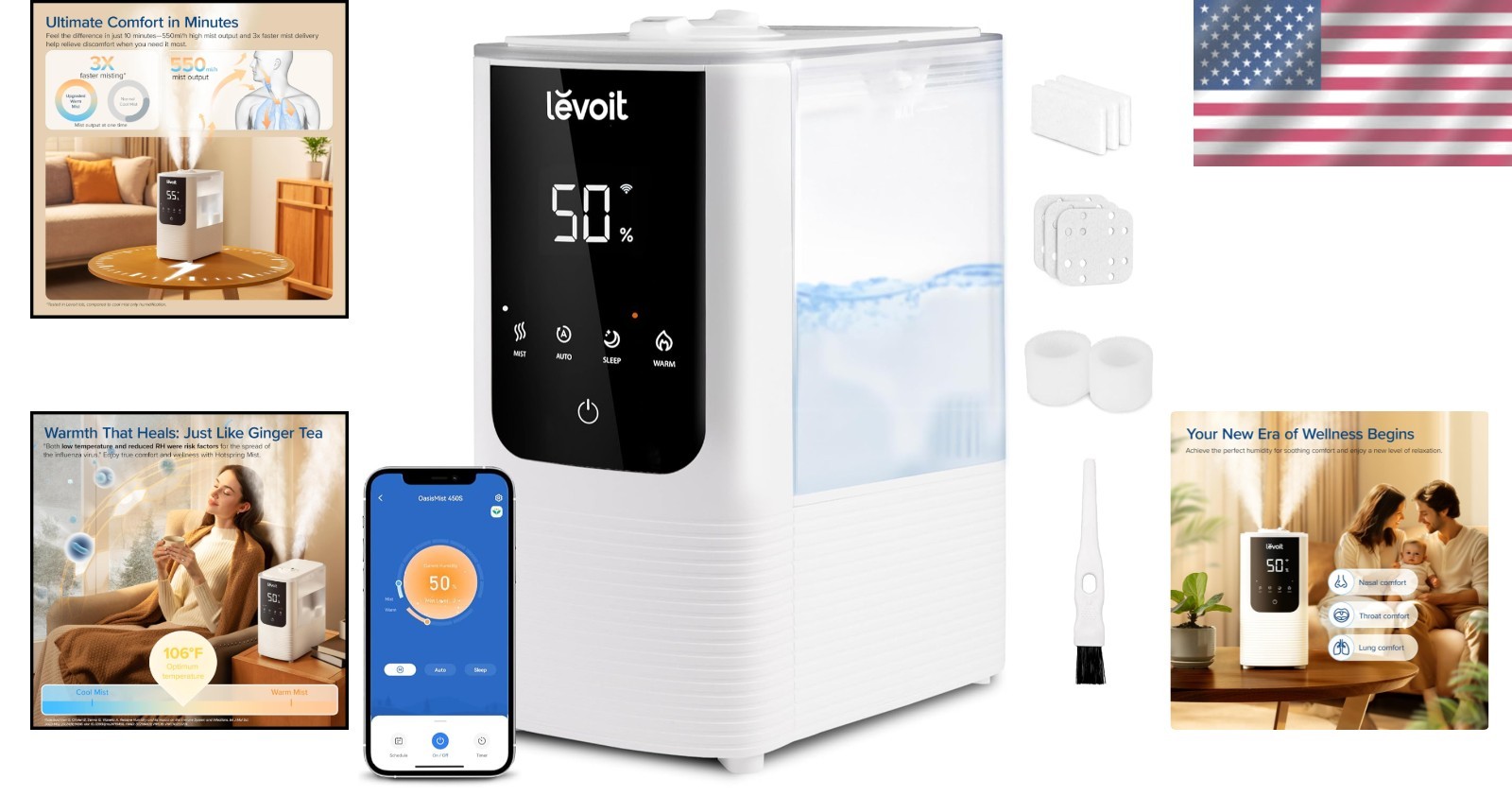 Quiet Essential Oil Humidifier, Auto Mode, Fast Relief, 4.5L