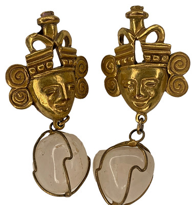 Vintage Castlecliff Bali Goddess Face Selenite Caged Drop Screwback Earrings