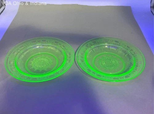 Uranium Depression Glass Cameo Pattern Bowls 2 Piece Set Green Vintage 1930s