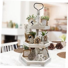  3 Tiered Tray Stand - Large Farmhouse Kitchen Decor Distressed White-3 Tiered