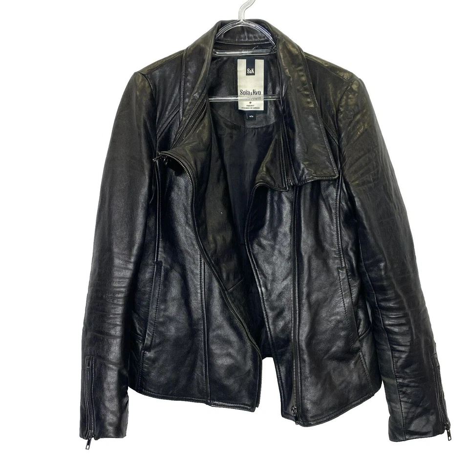 Chaqueta de cuero Soia & Kyo para mujer talla mediana moto motociclista negra Foto 2 de 4