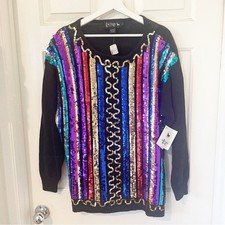 VINTAGE Le Chois Multi Colored Sequined Knit Sweater BRAND NEW LARGE