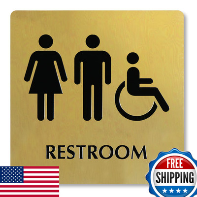 SmartSign 9''x9'' Brass Unisex Restroom Sign, Men/Women/Handicap Accessible