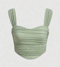 SHEIN pale green ruched mesh wide strap sweetheart neck tank top size L large