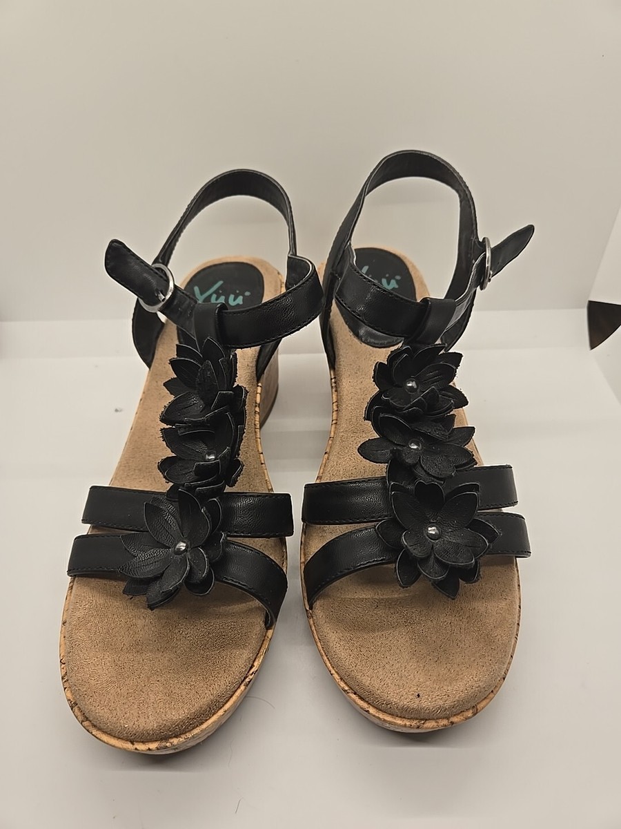 yuu★ YUU Women's Sandals - Black Roonie Style Open-Toe Strap Wedge Size