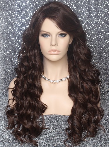 Echthaar Mischung Perücke 25" lang Beachy gewellt voll braun kastanienbraun Mix Pony 6-30 Neu mit Etikett - Bild 3 von 6